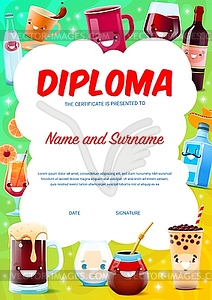 Sommelier or bartender diploma with cartoon drinks - vector clipart / vector image