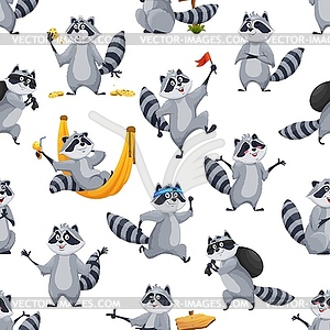 Cartoon raccoon funny characters seamless pattern - vector image