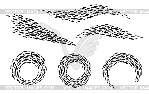 Fish shoal silhouettes, ocean or sea fishes school - vector clipart