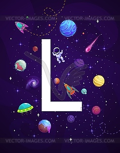 Cartoon space letter L, alphabet typeface backdrop - vector clipart