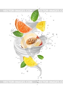 Realistic milk drink swirl wave splash and fruits - color vector clipart