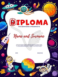 Kids diploma, cartoon astronauts, aliens, space - vector clipart