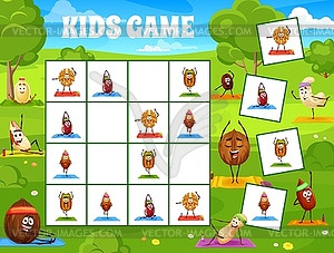 Sudoku kids game, cartoon nut characters fitness - vector clip art