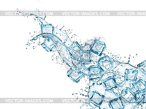 Blue water wave cascade splash and ice cubes - vector clip art