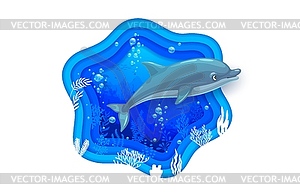Вырезанный из морской бумаги подводный пейзаж и дельфин - изображение в векторном формате