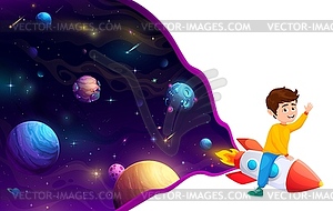 Cartoon boy on space rocket, happy child astronaut - vector clipart