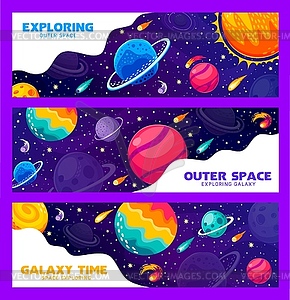 Space travel and explore banners, starry galaxy - vector clip art