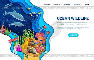 Landing page with paper cut underwater landscape - vector image