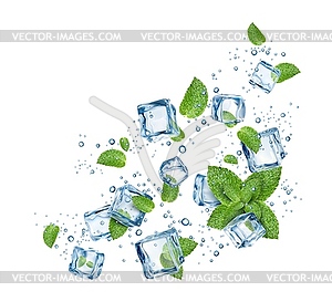 Чистая вода, кубики льда с листьями мяты - векторная иллюстрация