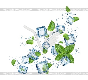 Clean water, ice crystal cubes with mint leaves - vector clipart