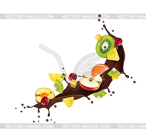 Chocolate milk drink flow splash with ripe fruits - vector clipart