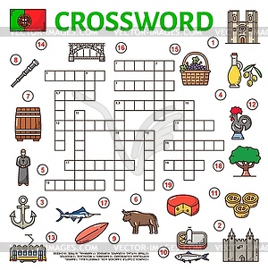 Portugal symbols crossword grid, find word quiz - vector image