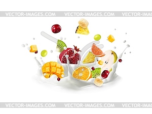 Realistic milk drink corona splash and fruits - vector clipart