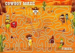 Labyrinth maze game cartoon cowboy vegetables - vector clipart