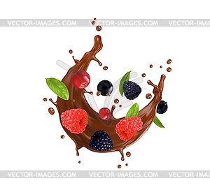 Realistic chocolate milk round splash with berries - vector clip art