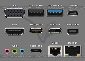 Connector and charge ports. Usb and vga, hdmi - vector clip art
