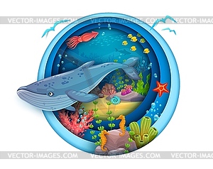 Подводная морская вырезка из бумаги, мультяшные океанские животные - векторное изображение EPS