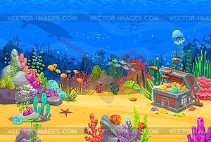 Cartoon game level underwater landscape with chest - vector clipart