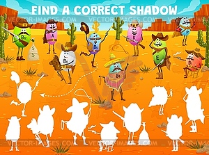 Find correct shadow of cartoon vitamin cowboys - vector image