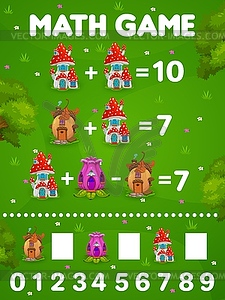 Math game worksheet, cartoon elf and gnome houses - vector image