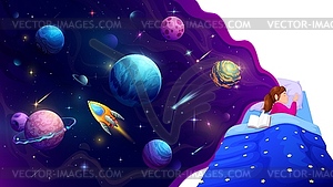 Sleeping kid girl and galaxy space background - stock vector clipart