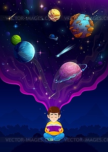 Cartoon child boy reading book about space - vector clipart