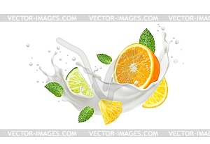 Realistic milk drink wave splash and fresh fruits - vector clipart