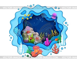 Мультяшный подводный пейзаж, вырезанный из бумаги, с рыбками - рисунок в векторе