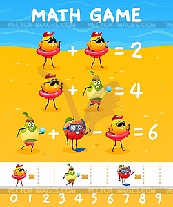 Cartoon fruits on summer vacations, math game quiz - vector clipart