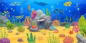 Rock house and underwater landscape game level map - vector image