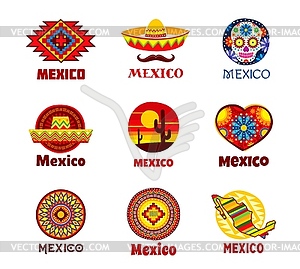Mexico icons, mexican sombreros, ethnic pattern - vector clip art