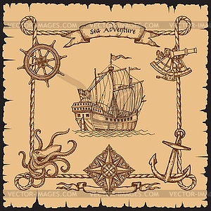 Vintage pirate vessel ship with rope frame border - vector image