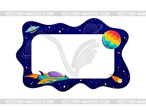 Border frame galaxy space landscape, spaceship - vector image