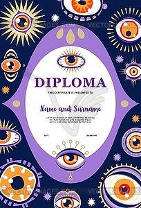 Kids wizard diploma with magical witchcraft eyes - vector image