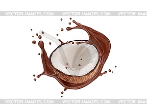 Кокосовая стружка и реалистичная волна от шоколадного молока - стоковый векторный клипарт