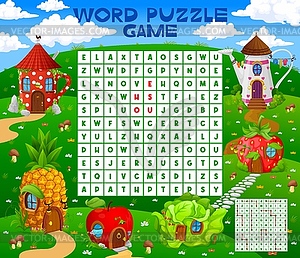 Word search puzzle game, cartoon fairytale houses - vector clip art