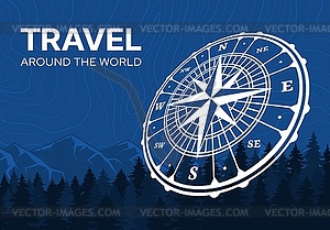 Map, mountains, compass rose, adventure banner - stock vector clipart