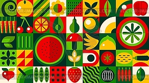 Fruits and vegetables geometric bauhaus pattern - vector image