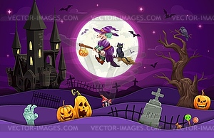 Halloween paper cut cartoon witch fly on cemetery - vector image