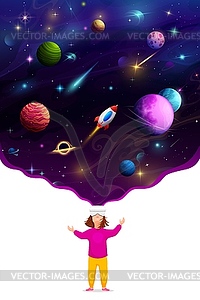 Девочка-подросток в шлеме виртуальной реальности смотрит на планеты галактики - векторное изображение клипарта