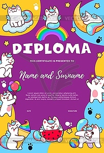 Kids diploma, cartoon cute caticorn cats, kittens - vector clip art