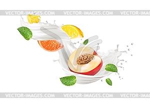 Realistic milk drink wave splash and fresh fruits - royalty-free vector clipart