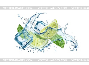 Mojito drink wave splash with lime, ice cubes - vector image