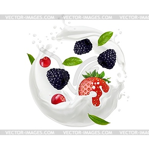 Milk swirl wave splash with strawberry, cranberry - vector image