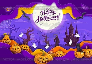 Halloween paper cut banner with pumpkin lanterns - vector image