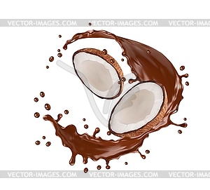 Реалистичный шоколадный всплеск с половинками кокоса - изображение в векторном виде