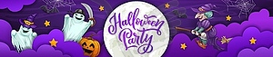 Halloween paper cut banner, cartoon ghosts, witch - vector image