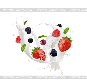 Milk swirl, yogurt wave splash with berries - vector clip art