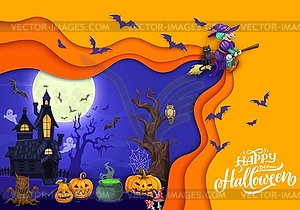 Вырезанный из бумаги пейзаж на Хэллоуин с мультяшной ведьмой - иллюстрация в векторном формате
