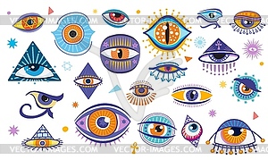 Magical witchcraft eyes, esoteric and occult signs - vector image